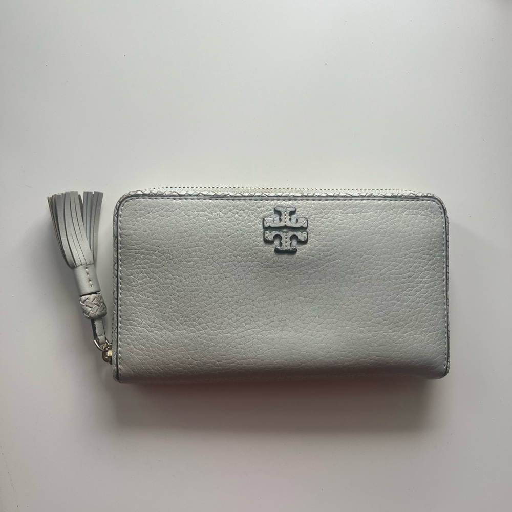 Tory Burch light blue/ grey zip wallet with tassel
